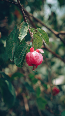 A detailed photograph of a single Rose apple, swaying gently in the wind, captured in natural...