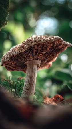 A detailed photograph of a single Shiitake, swaying gently in the wind, captured in natural...