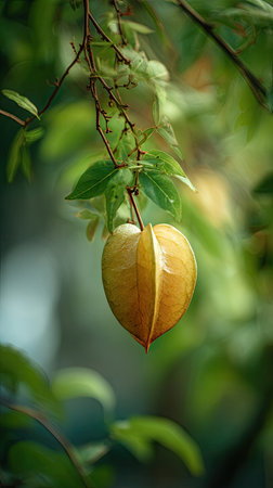 A detailed photograph of a single Star fruit, swaying gently in the wind, captured in natural daylight. Fresh and airy atmosphere, soft motion blur on leaves, crisp details on textures, background softly blurred into natural greenery, cinematic natural light, realistic photography.の写真素材