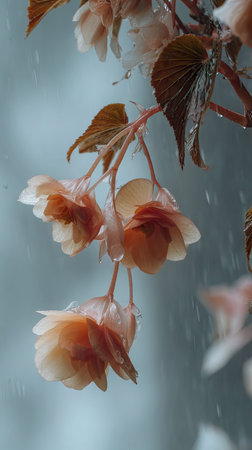 The Begonia in winter, chilling air envelops, a few lingering leaves tremble, still atmosphere,...