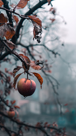 The Apple in winter, chilling air envelops, a few lingering leaves tremble, still atmosphere, clean.の写真素材