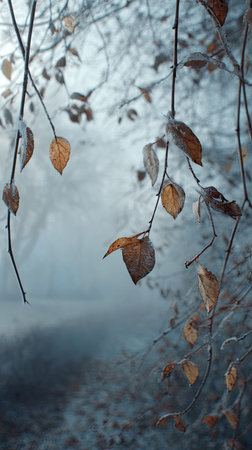 In winter, chilling air envelops, a few lingering leaves tremble, still atmosphere, clean.の写真素材