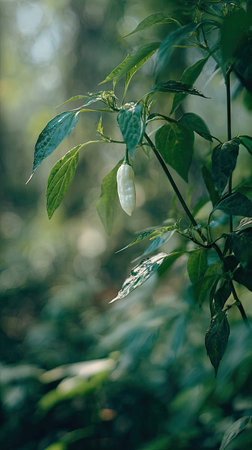 A detailed photograph of a single White pepper, swaying gently in the wind, captured in natural...