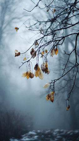 The Abiu in winter, chilling air envelops, a few lingering leaves tremble, still atmosphere, clean.