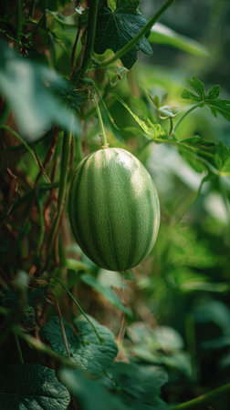 A detailed photograph of a single Winter melon, swaying gently in the wind, captured in natural daylight. Fresh and airy atmosphere, soft motion blur on leaves, crisp details on textures, background softly blurred into natural greenery, cinematic natural light, realistic photography.の写真素材