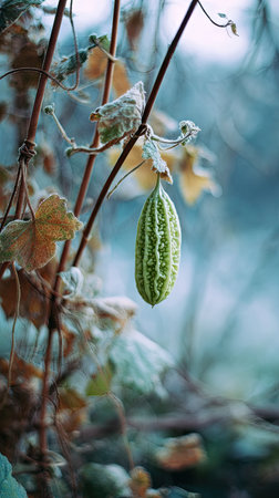 The Bitter melon in winter, chilling air envelops, a few lingering leaves tremble, still atmosphere, clean.の写真素材