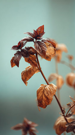 The Basil in winter, chilling air envelops, a few lingering leaves tremble, still atmosphere, clean.