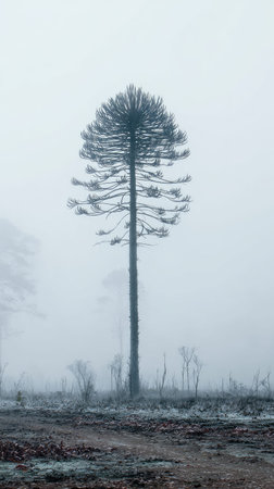 The Araucaria in winter, chilling air envelops, a few lingering leaves tremble, still atmosphere,...