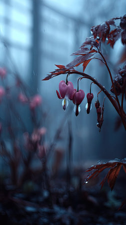 The Bleeding heart in winter, chilling air envelops, a few lingering leaves tremble, still atmosphere, clean.の写真素材