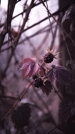 The Boysenberry in winter, chilling air envelops, a few lingering leaves tremble, still atmosphere,...