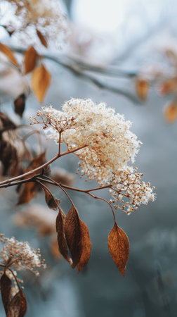 The Elderflower in winter, chilling air envelops, a few lingering leaves tremble, still atmosphere, clean.の写真素材