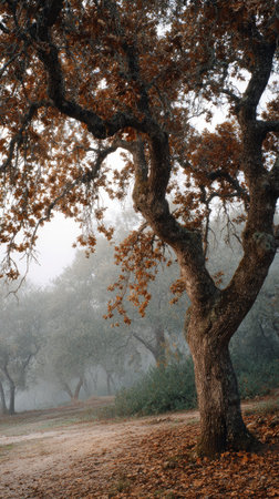 The Cork oak in winter, chilling air envelops, a few lingering leaves tremble, still atmosphere,...
