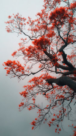 The Flame tree in winter, chilling air envelops, a few lingering leaves tremble, still atmosphere, clean.の写真素材