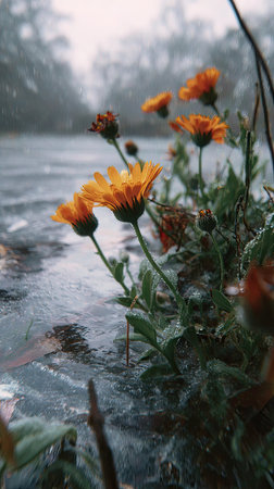 The Calendula in winter, a few lingering leaves tremble, still atmosphere, clean.の写真素材