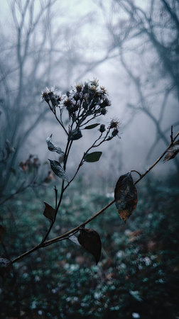 The Aster in winter, chilling air envelops, a few lingering leaves tremble, still atmosphere, clean.