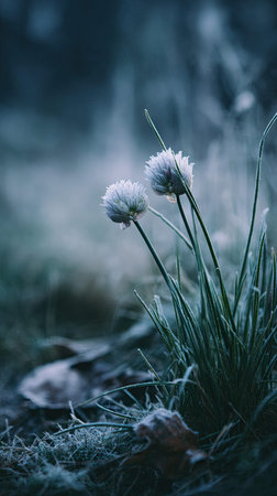 The Chives in winter, chilling air envelops, a few lingering leaves tremble, still atmosphere,...