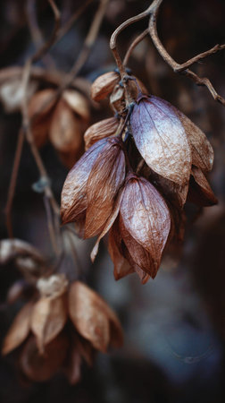 In winter, chilling air envelops, a few lingering leaves tremble, still atmosphere, clean.