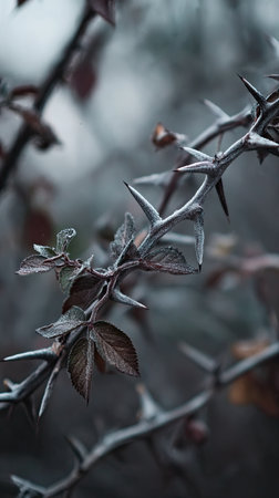 The Crown of thorns in winter, chilling air envelops, a few lingering leaves tremble, still atmosphere, clean.の写真素材