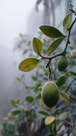 The Finger lime in winter, chilling air envelops, a few lingering leaves tremble, still atmosphere, clean.の写真素材