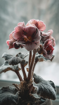The Gloxinia in winter, chilling air envelops, a few lingering leaves tremble, still atmosphere, clean.の写真素材
