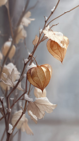 The Groundcherry in winter, chilling air envelops, a few lingering leaves tremble, still atmosphere, clean.の写真素材