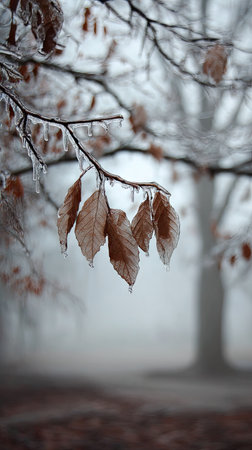 The Hickory in winter, chilling air envelops, a few lingering leaves tremble, still atmosphere, clean.の写真素材
