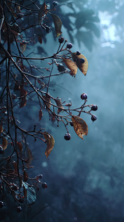The Jabuticaba in winter, chilling air envelops, a few lingering leaves tremble, still atmosphere,...