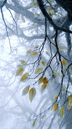 The Lignum vitae in winter, chilling air envelops, a few lingering leaves tremble, still atmosphere, clean.の写真素材