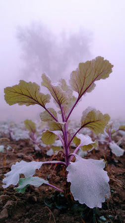 The Kohlrabi in winter, chilling air envelops, a few lingering leaves tremble, still atmosphere, clean.の写真素材