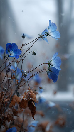 The Nemophila in winter, chilling air envelops, a few lingering leaves tremble, still atmosphere,...