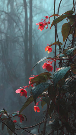 The Impatiens in winter, chilling air envelops, a few lingering leaves tremble, still atmosphere,...