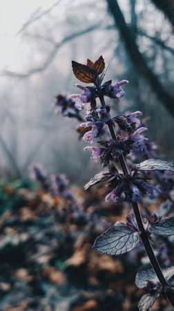 The Hyssop in winter, chilling air envelops, a few lingering leaves tremble, still atmosphere,...