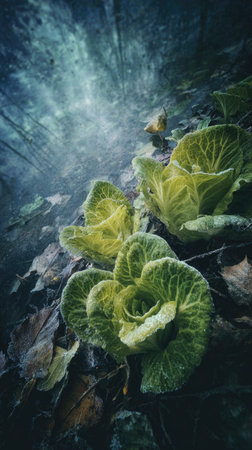 The Lettuce in winter, chilling air envelops, a few lingering leaves tremble, still atmosphere, clean.の写真素材