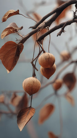 The Monk fruit in winter, chilling air envelops, a few lingering leaves tremble, still atmosphere, clean.の写真素材