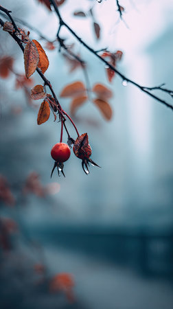 The Rose hip in winter, chilling air envelops, a few lingering leaves tremble, still atmosphere, clean.の写真素材