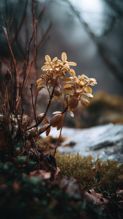 The Rhodiola in winter, chilling air envelops, a few lingering leaves tremble, still atmosphere,...