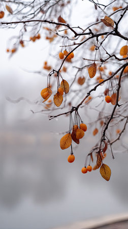 The Mirabelle in winter, chilling air envelops, a few lingering leaves tremble, still atmosphere,...