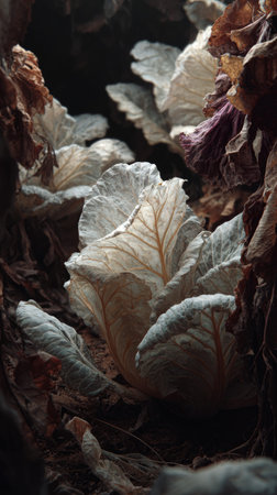 The Napa cabbage in winter, chilling air envelops, a few lingering leaves tremble, still atmosphere,...