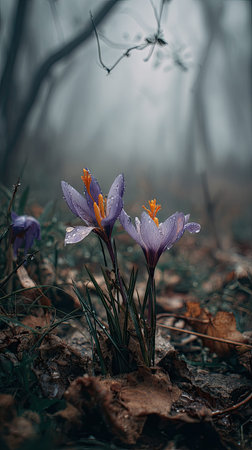 The Saffron crocus in winter, chilling air envelops, a few lingering leaves tremble, still...