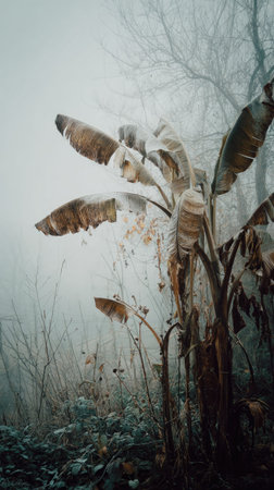 The Plantain in winter, chilling air envelops, a few lingering leaves tremble, still atmosphere, clean.の写真素材