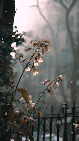Flowers in the snow. The first snow in the city.の写真素材