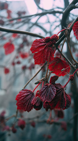 The Mulberry red in winter, chilling air envelops, a few lingering leaves tremble, still atmosphere,...