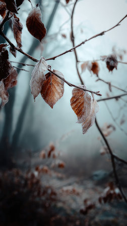 In winter, chilling air envelops, a few lingering leaves tremble, still atmosphere, clean.