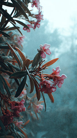 The Oleander in winter, chilling air envelops, a few lingering leaves tremble, still atmosphere, clean.の写真素材