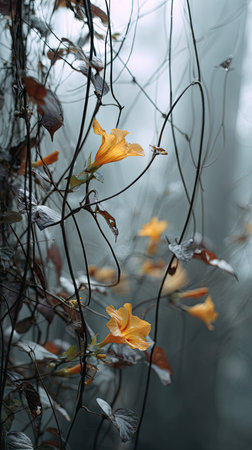 The Thunbergia in winter, chilling air envelops, a few lingering leaves tremble, still atmosphere, clean.の写真素材