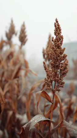 The Sorghum in winter, chilling air envelops, a few lingering leaves tremble, still atmosphere, clean.の写真素材