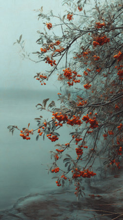 The Sea buckthorn in winter, chilling air envelops, a few lingering leaves tremble, still atmosphere, clean.の写真素材