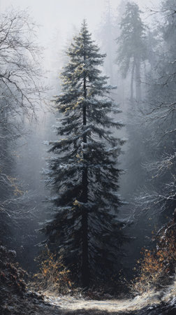The Silver fir in winter, chilling air envelops, a few lingering leaves tremble, still atmosphere,...