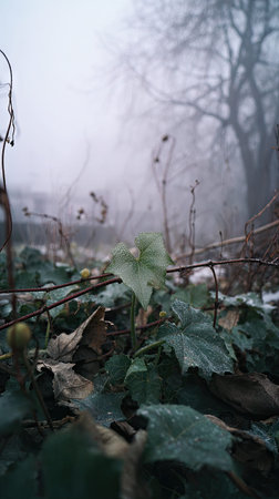 In winter, chilling air envelops, a few lingering leaves tremble, still atmosphere, clean.
