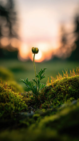 Photo of a young Ranunculus growing on moss at sunrise, symbolizing hope and new beginnings.